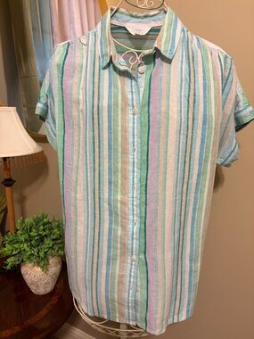 Women’s Short-Sleeve Striped Button-Up Shirt - Pastel Blue/Green